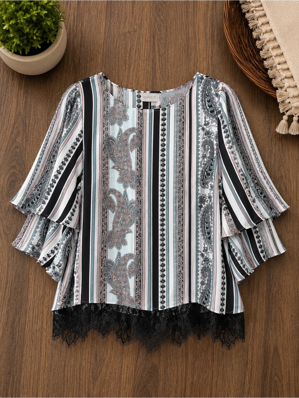 Chico's Teal Black and White Striped Paisley Peasant Blouse